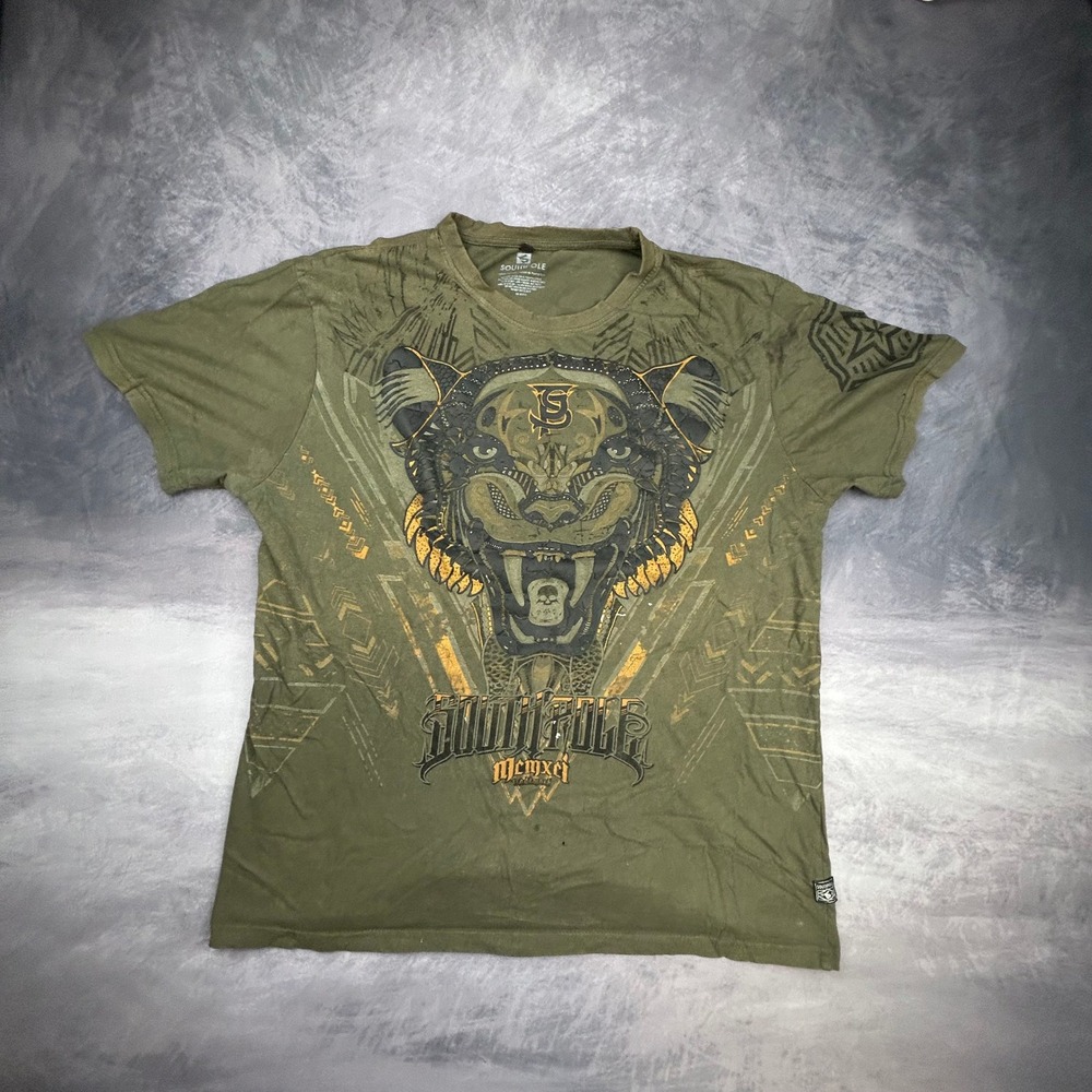 Southpole Mens XXL Olive Green Tiger Graphic T-Shirt Y2K Streetwear Skater Boxy - Picture 2 of 7